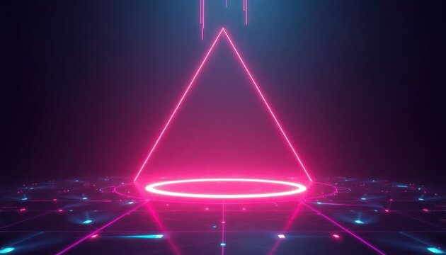 Vibrant neon pink triangle and circle platform in a futuristic digital grid environment, symbolizing innovation, technology, and virtual display.