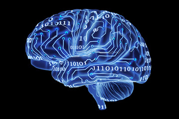 Digital brain with binary code and circuits glowing blue