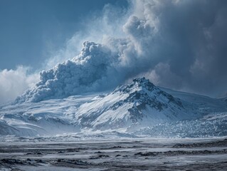 Stark Icelandic Volcano with Swirling Smoke Against Pristine Glacial Ice and Rugged Lava Fields