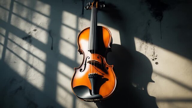 Violin Hanging on Grungy Wall with Dramatic Shadows and Light