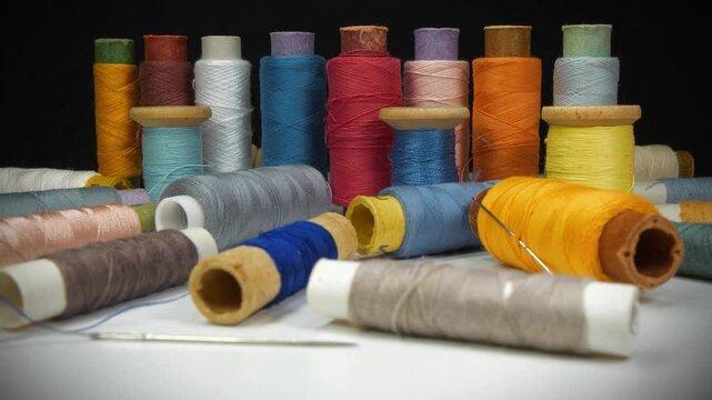Coloured spools of thread lie on white table on black background, tilt view video
