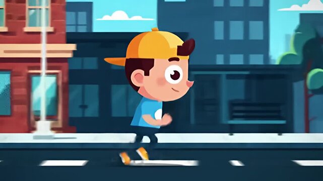 Cartoon image of a boy in a hat running on a road in a city landscape backdrop