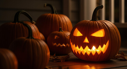 glowing carved pumpkins on porch during halloween night creating spooky festive atmosphere