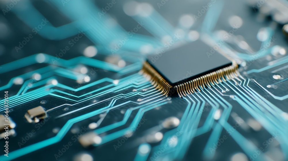 Poster closeup of glowing digital microchip with intricate neon blue circuits on dark textured background, 