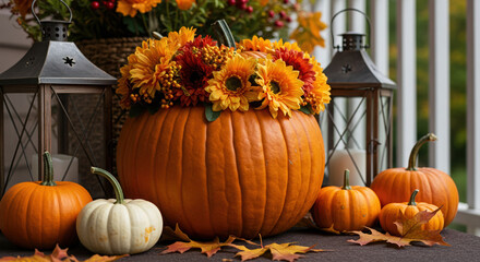 autumn pumpkin centerpiece with chrysanthemums on porch with lanterns and colorful leaves decoration