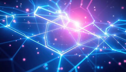 Vibrant abstract digital network with glowing blue and pink geometric connections, symbolizing data flow, technology, and futuristic concepts. Ideal for IT, science, or business visuals.