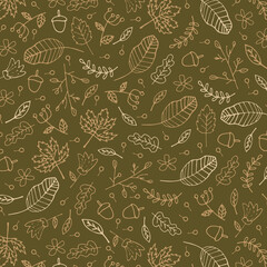 Seamless pattern with autumn Leaves, acorns and oak leaves for wallpaper, gift paper, pattern fills, textile, fall greeting cards. 