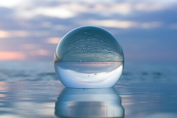 Crystal ball reflecting tranquil sea and sunset sky, creating a serene, meditative atmosphere, perfect for visual concepts
