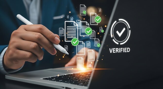 Verifying documents online with digital pen, ensuring successful verification and confirmation of files for secure business operations on laptop