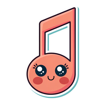 A charming coral-colored music note with a kawaii face, featuring large, sparkling eyes and rosy cheeks, isolated on a transparent background with a bold outline sticker style