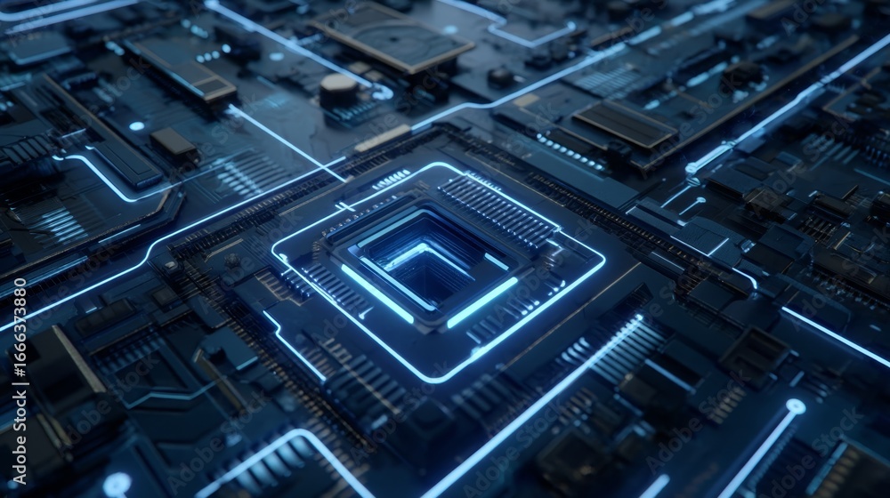 Poster futuristic microchip with glowing blue circuits and intricate patterns on dark holographic backgroun