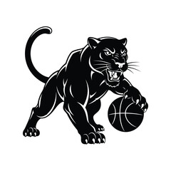 Aggressive black panther mascot playing basketball with fierce expression and dynamic pose vector © azad