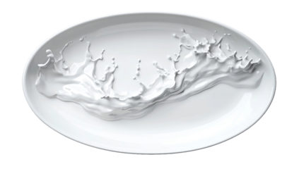 Milk splash on a white plate isolated on transparent background, full view, studio shot