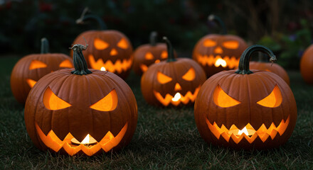 spooky jack-o'-lanterns glowing in a dark garden for halloween night celebration with eerie atmosphere