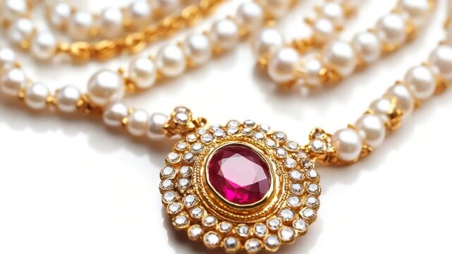 Gold and pearl necklace with a ruby pendant