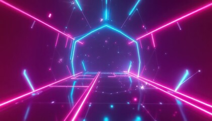 Dynamic neon light tunnel with glowing pink and blue lines, creating a futuristic, high-tech digital space. Ideal for technology, gaming, or virtual reality concepts.