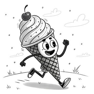 A whimsical, vintage-style ice cream cone character with a smiling face and arms is depicted running. The isolated object is on a transparent background