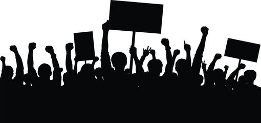 Crowd protesting with signs and raised fists silhouette showing unity and activism vector