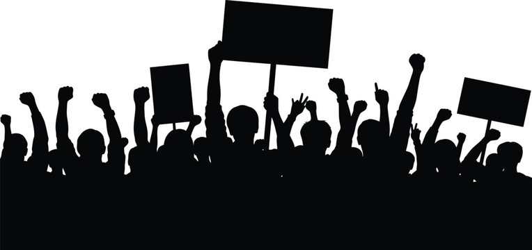 Crowd protesting with signs and raised fists silhouette showing unity and activism vector
