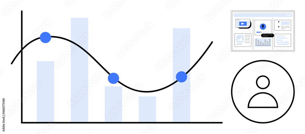 Poster line graph with highlighted points overlaid on bar chart, dashboard interface, and user icon. ideal 