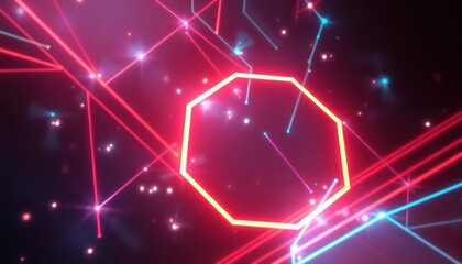 Vibrant abstract background featuring glowing neon lines, a central hexagon, and sparkling particles, ideal for technology, business, or entertainment themes.