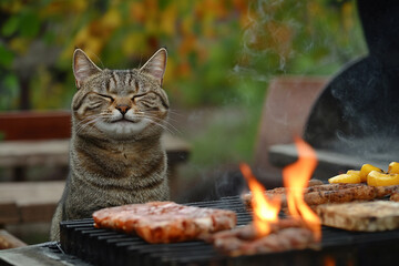 Generative AI image of a golden retriever and cat sitting near a flaming grill during an outdoor picnic, enjoying summer leisure together