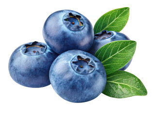 Obraz premium Fresh blueberries with green leaves isolated on transparent background