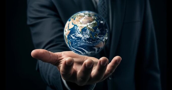 Mysterious figure in dark suit holding glowing Earth symbolizing hidden global power and secret world control from shadows