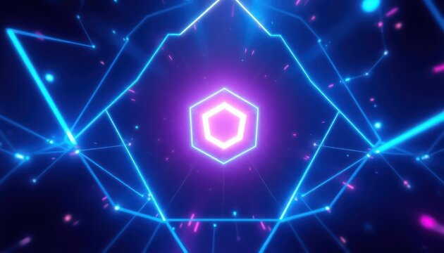 Energetic neon blue and purple geometric tunnel, symbolizing digital connection, data flow, and virtual reality. Ideal for technology, gaming, or modern abstract backgrounds. - Powered by Adobe