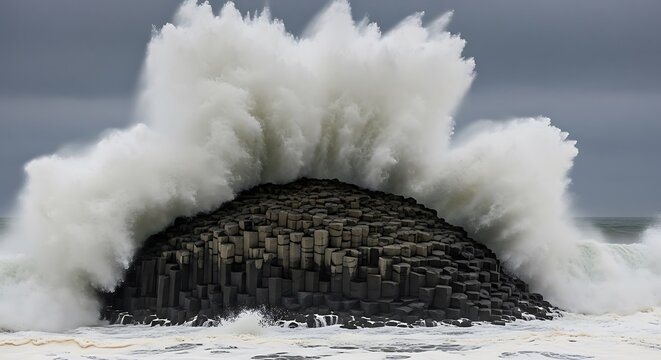 Wave crashing on the giants causeway in ireland