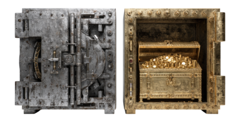 Vintage Safe with Treasure Chest and Coins Isolated on Transparent Background