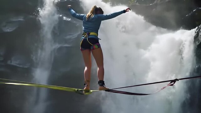 Woman highlining with waterfall backdrop, balancing with outstretched arms for focus
