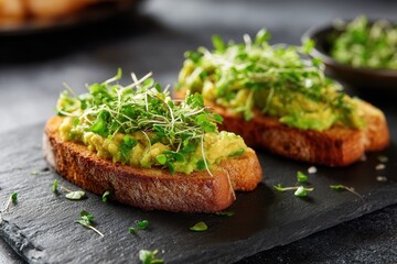 Delicious avocado toast topped with fresh microgreens served on a slate plate. Ideal for healthy eating and food photography.