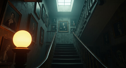 haunted vintage staircase with portraits and glowing light creating a mysterious eerie atmosphere