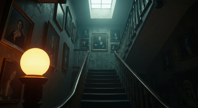 haunted vintage staircase with portraits and glowing light creating a mysterious eerie atmosphere - Powered by Adobe
