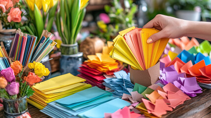 Fototapeta premium Selecting Colorful Paper at a Craft Supply Store, Indoor Environment, Vivid Display, Artistic Inspiration