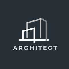 A clean, minimalist architectural logo with abstract building shapes in white and gray. Ideal for modern construction, design, and engineering branding.