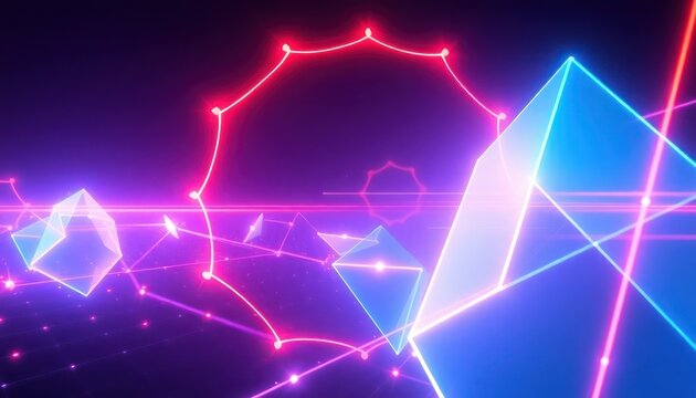 Abstract neon geometric shapes and interconnected lines creating a vibrant, futuristic digital landscape, ideal for technology, gaming, or virtual reality concepts.