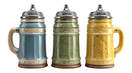 Set of three decorative ceramic mugs on transparent background