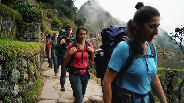Tourists hike a mountain trail among ancient stonework and misty peaks, backpacks, outdoors