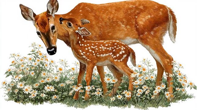 a watercolor style vector illustration of a mother deer and a baby deer generative ai