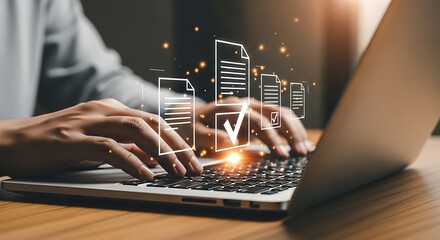 Closeup of hands typing on a laptop with digital document icons, representing data management, compliance, and regulatory standards