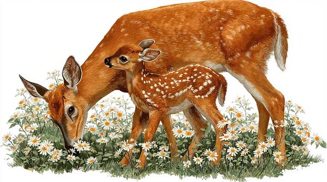 a watercolor style vector illustration of a mother deer and a baby deer generative ai