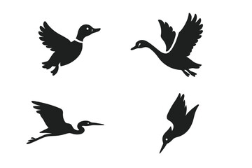 Obraz premium Water birds solid icon set. Vector silhouette collection of flying fowl. Duck ascent, swan takeoff, heron glide, egret & kingfisher dive. Minimalist wildlife pictogram.