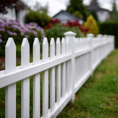 White picket fence in a garden with flowers and grass.