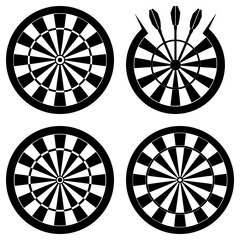 Four dartboards in black and white with one showing darts in the bullseye and segmented target design