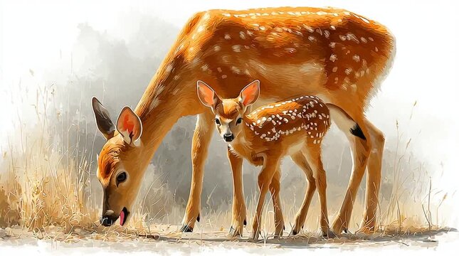 a watercolor style vector illustration of a mother deer and a baby deer generative ai