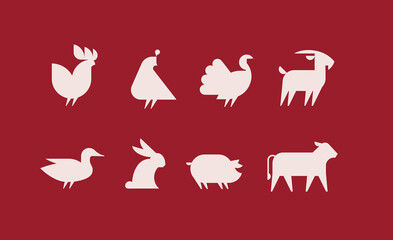 Farm animals icon set with rooster, quail, turkey, goat, duck, hare, pig, cow drawing with light on red background