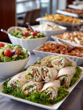 Buffet table with wraps and salads for a party.