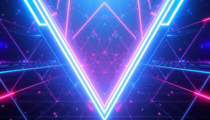 Vibrant neon geometric shapes create a futuristic tunnel, embodying digital technology, virtual reality, and abstract data flow. Ideal for sci-fi, gaming, and innovative design concepts.